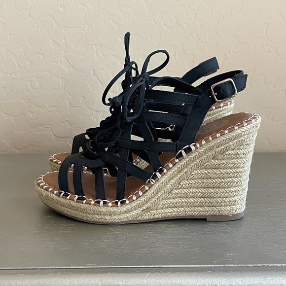 SO Kohls 6 Ketch Black Lace Up Jute Platform Wedge Espadrille Sandals Worn Once! - Picture 7 of 11